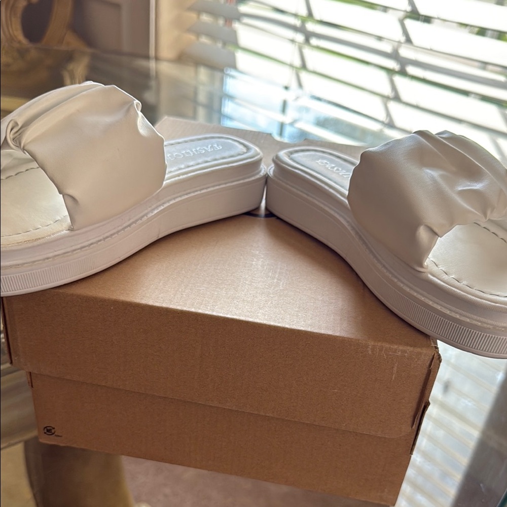 White Satin Slide Sandals - Picture 8 of 11